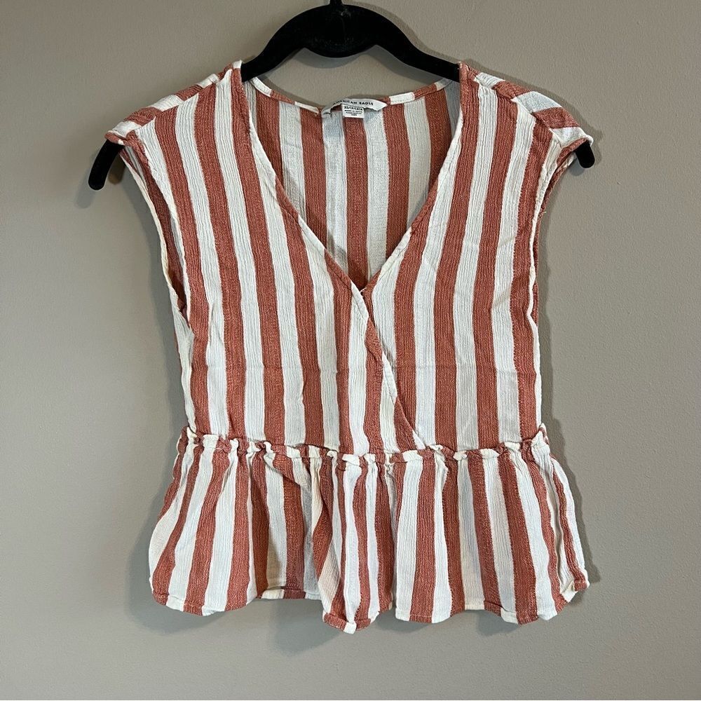 ✨ American Eagle Women’s Orange White Striped Peplum Tank Top XS‎